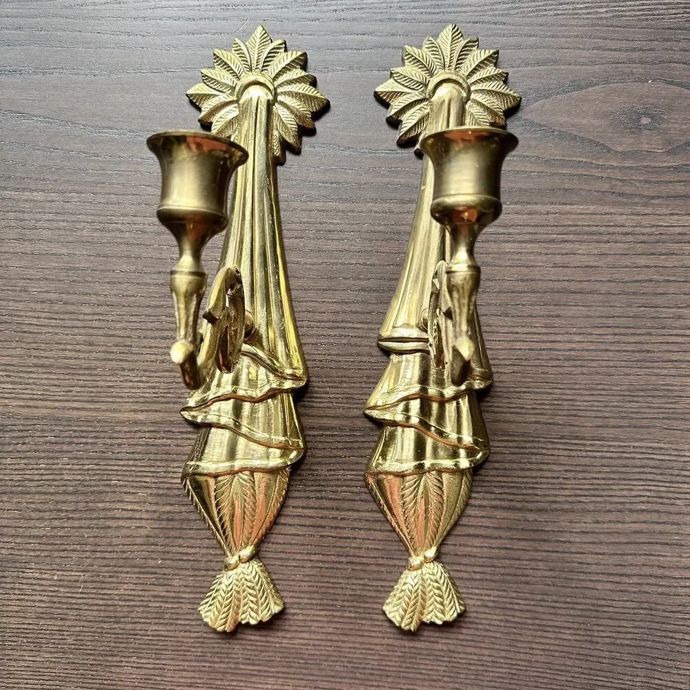 Vintage-2 x Brass Wall Sconces 12” Candle Ornate Holders Swivel Arm Made India